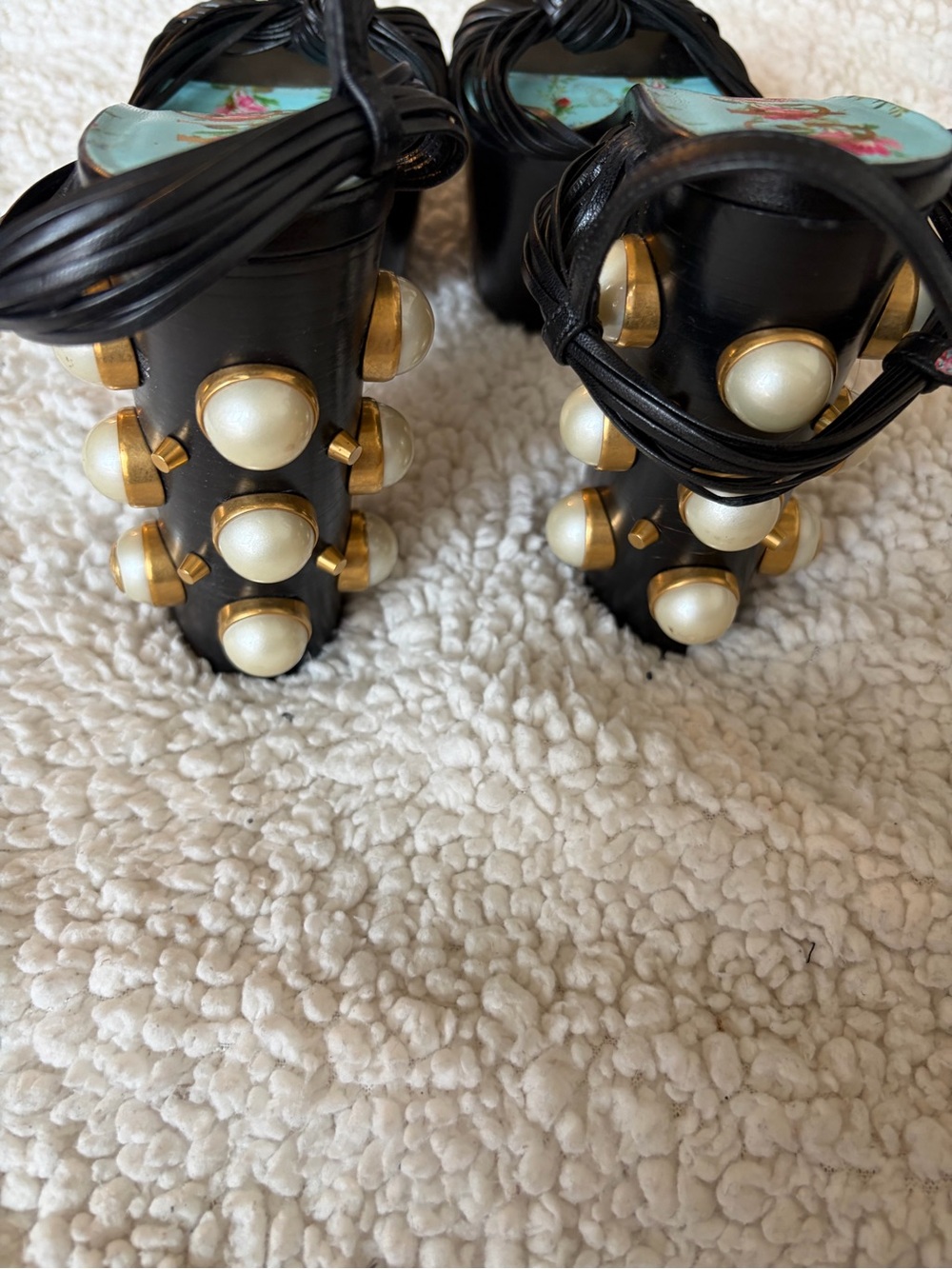Gucci Black Leather Knotted Platform Sandals with Pearl & Gold Accent